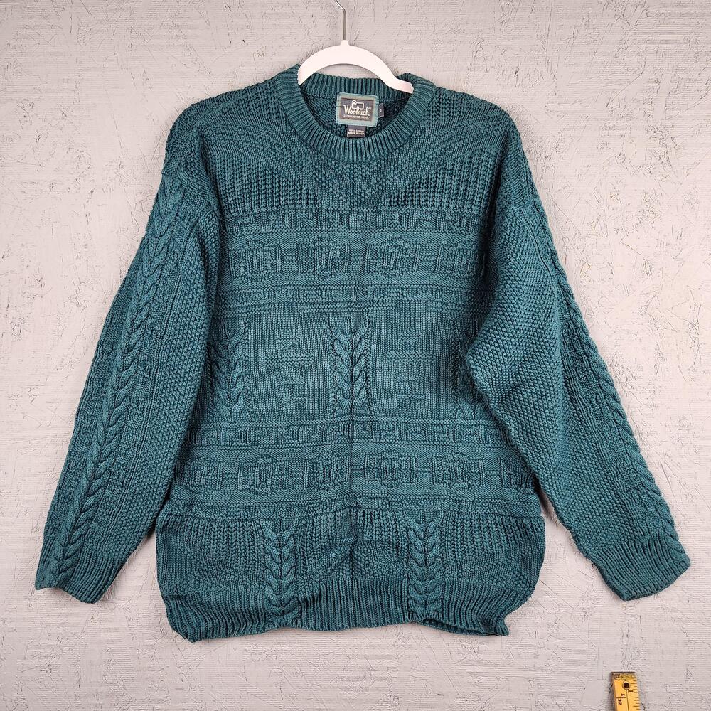 Vintage Woolrich Sweater Mens Medium Teal Cable Knit Crewneck Made in USA 90s